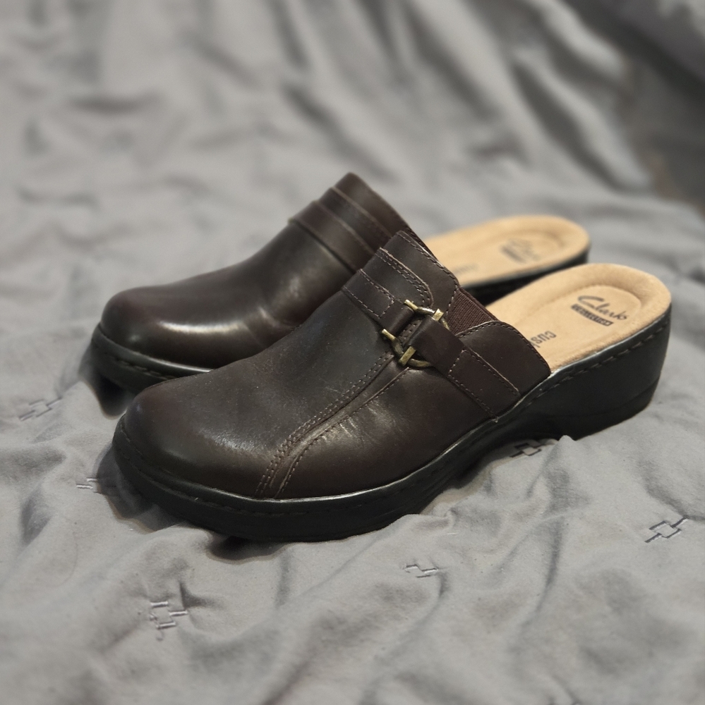 Clarks Women's Hayla Marina Brown Leather Mule Slip On Comfort 8.5 Academia Boho